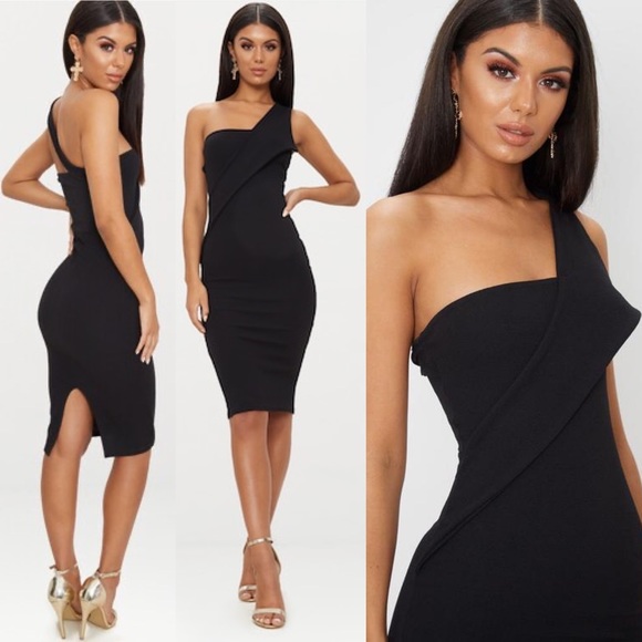 black asymmetric strap midi dress